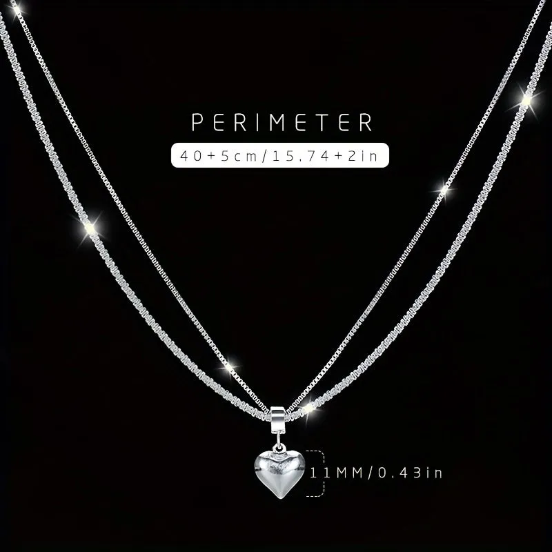 925 Double Layer Love Necklace Heart Light Pendant Women's High-end Versatile