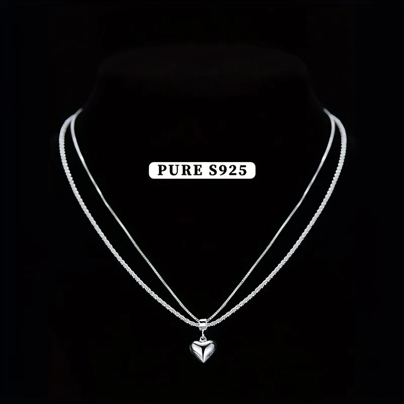 925 Double Layer Love Necklace Heart Light Pendant Women's High-end Versatile