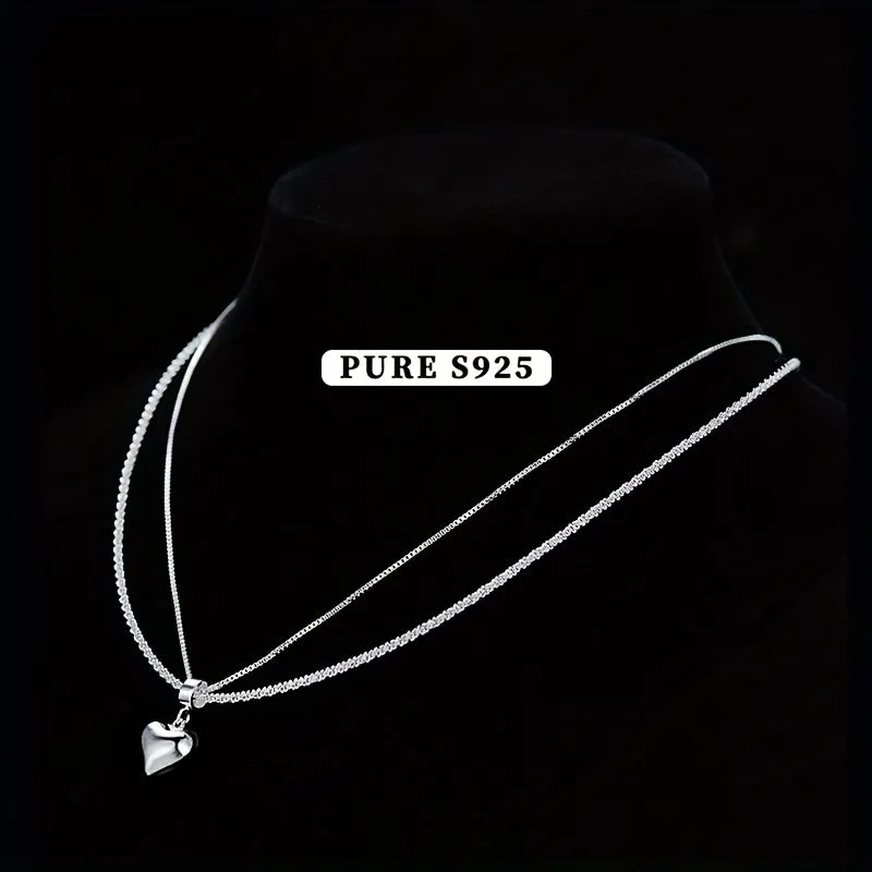925 Double Layer Love Necklace Heart Light Pendant Women's High-end Versatile
