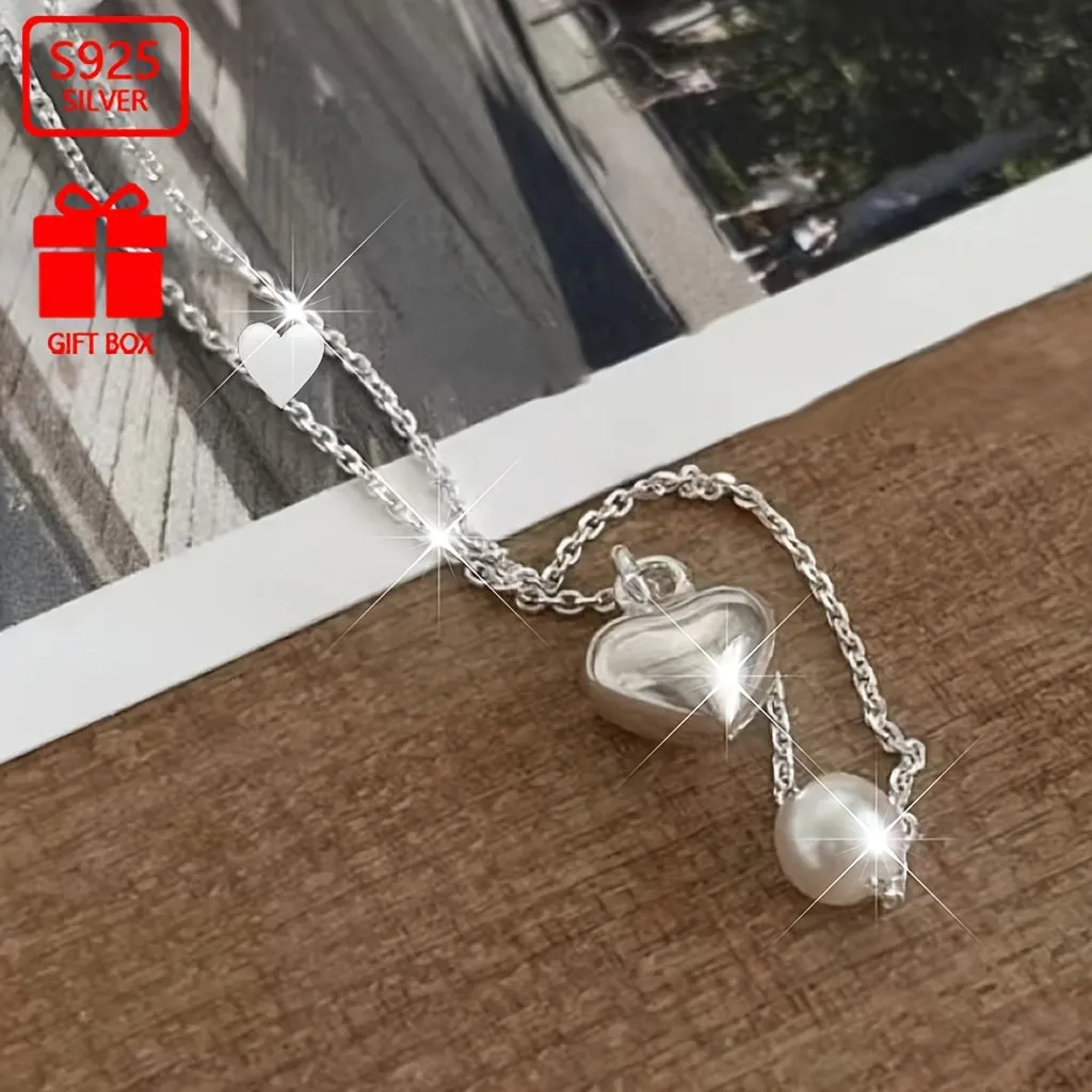 925 Silver Vintage Pearl Love Necklace Heart Pendant