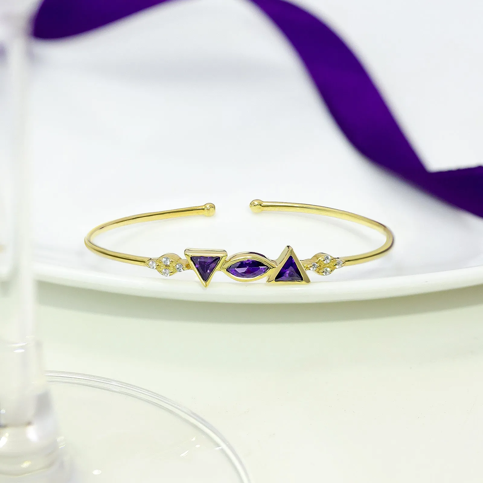 925 Sterling Silver Bracelet for Women with Triangular Amethyst Stone