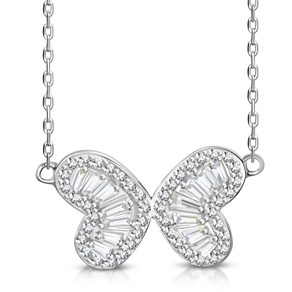 925 Sterling Silver CZ Double Heart Butterfly Necklace