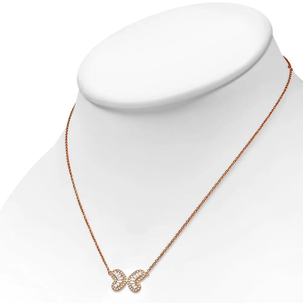925 Sterling Silver CZ Double Heart Butterfly Necklace