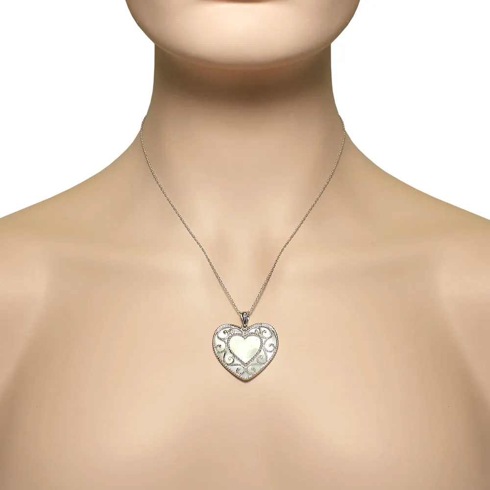 925 Sterling Silver Filigree Genuine Mother-of-Pearl Extra Large Love Heart Pendant Necklace