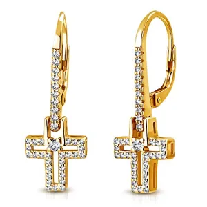 925 Sterling Silver Rose Gold-Tone White Clear CZ Religious Cross Drop Dangle Earrings, 1.15"
