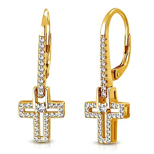 925 Sterling Silver Rose Gold-Tone White Clear CZ Religious Cross Drop Dangle Earrings, 1.15"