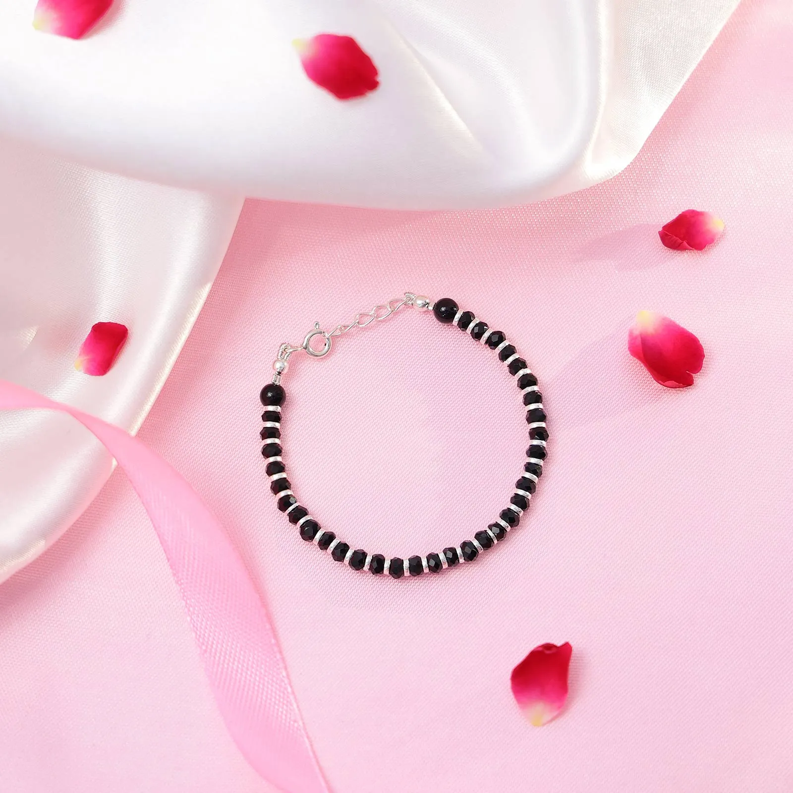925 Sterling Silver Shiny Silver & Black Beads Bracelet for Women