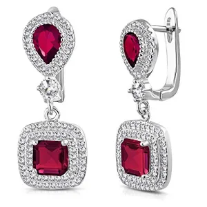 925 Sterling Silver Square Teardrop Red Ruby-Tone CZ Drop Dangle Earrings, 1.15"