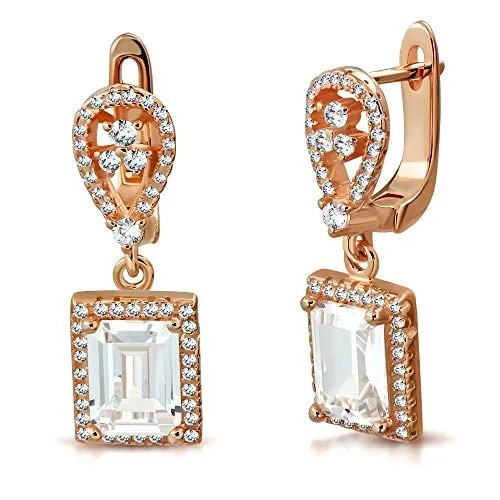 925 Sterling Silver Yellow Gold-Tone Rectangular White Clear CZ Drop Dangle Earrings, 1"