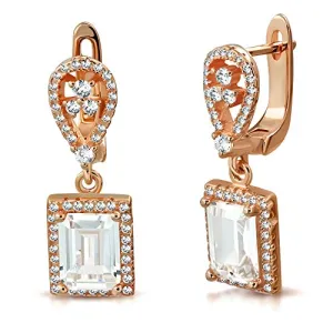 925 Sterling Silver Yellow Gold-Tone Rectangular White Clear CZ Drop Dangle Earrings, 1"
