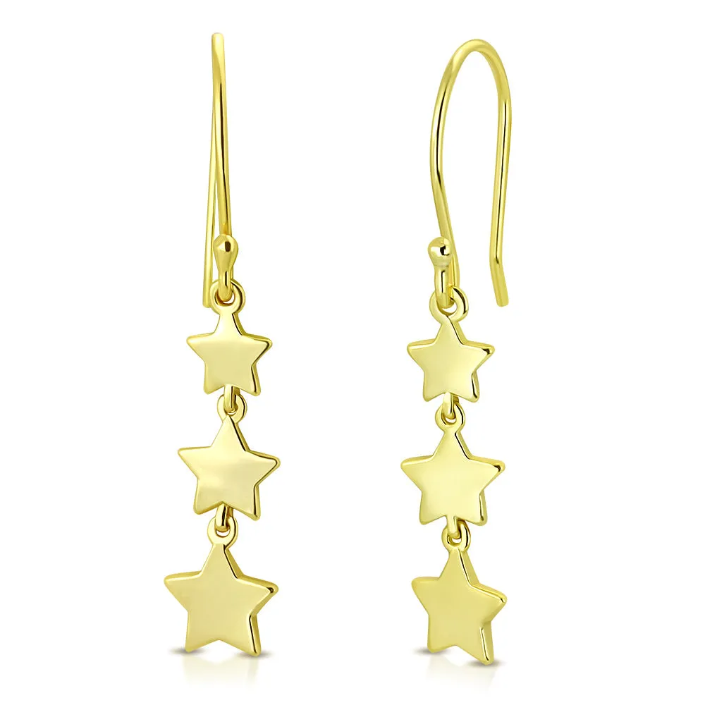 925 Sterling Silver Yellow Gold-Tone Three Stars Drop Dangle Earrings