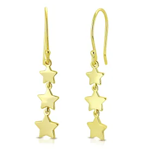 925 Sterling Silver Yellow Gold-Tone Three Stars Drop Dangle Earrings