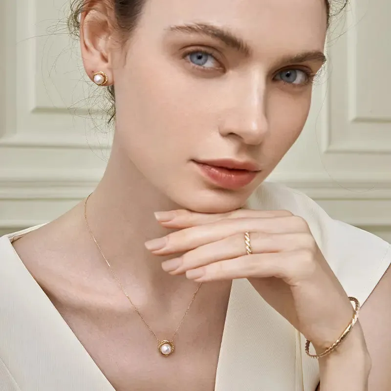 Akoya Pearl Diamond Knot Stud Earrings 18K Yellow Gold