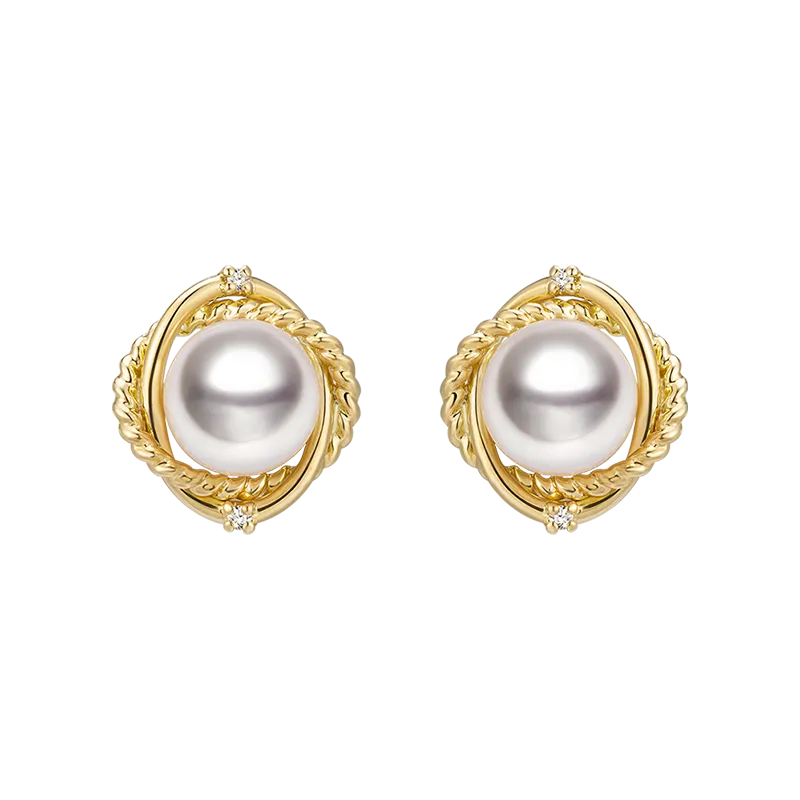 Akoya Pearl Diamond Knot Stud Earrings 18K Yellow Gold