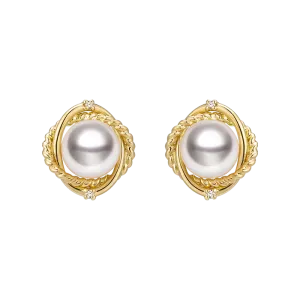 Akoya Pearl Diamond Knot Stud Earrings 18K Yellow Gold