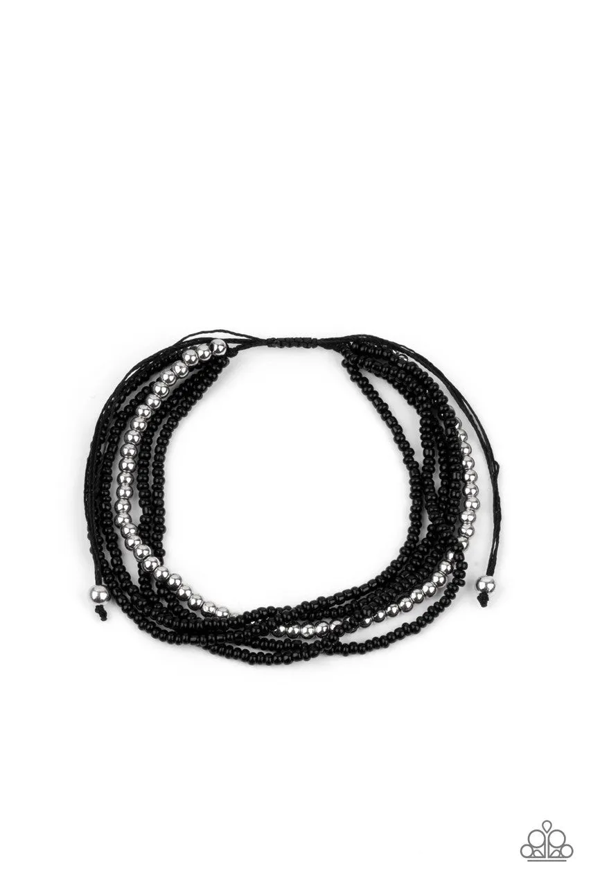 All Beaded Up - Black - and Silver Seed Bead Paparazzi Pull Cord Bracelet