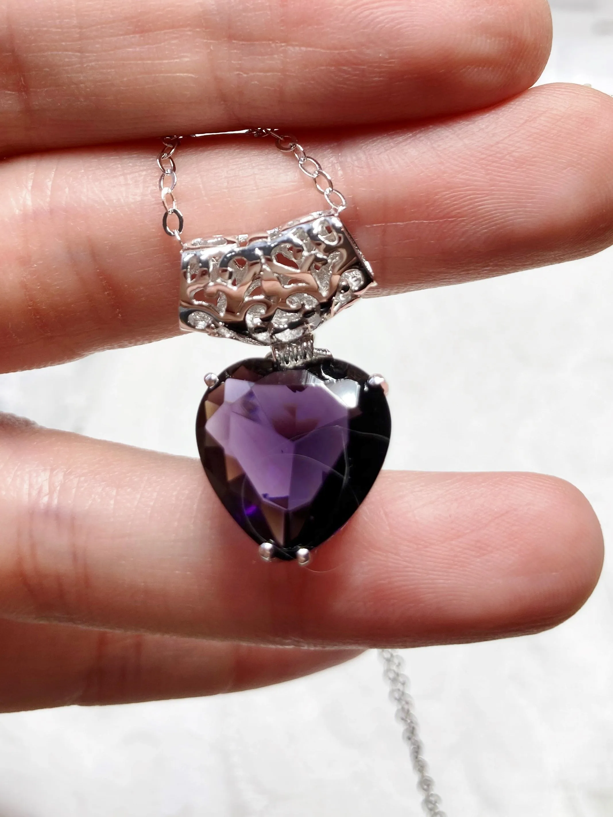 Amethyst Pendant, Heart Art Nouveau Necklace #P38