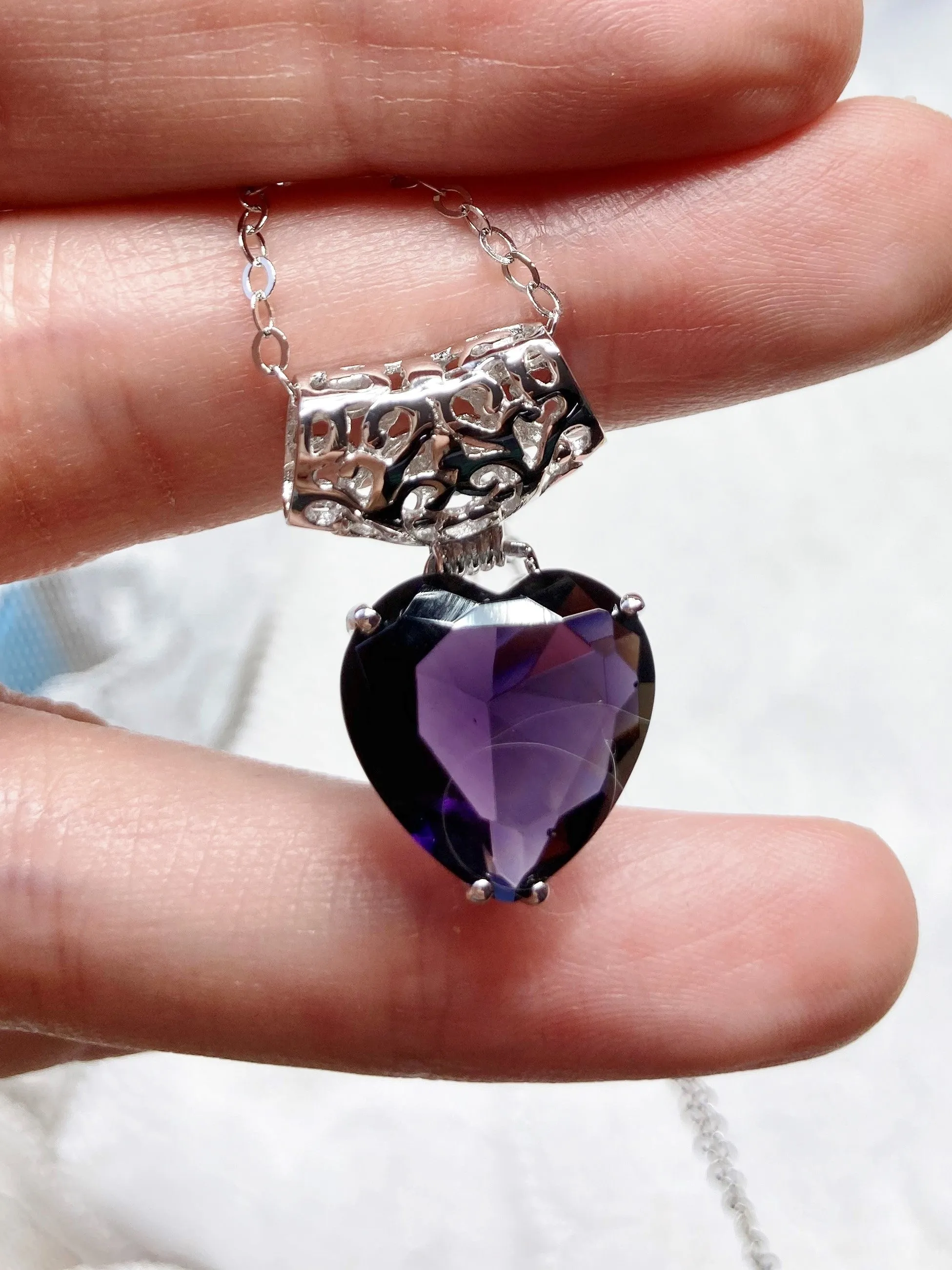 Amethyst Pendant, Heart Art Nouveau Necklace #P38