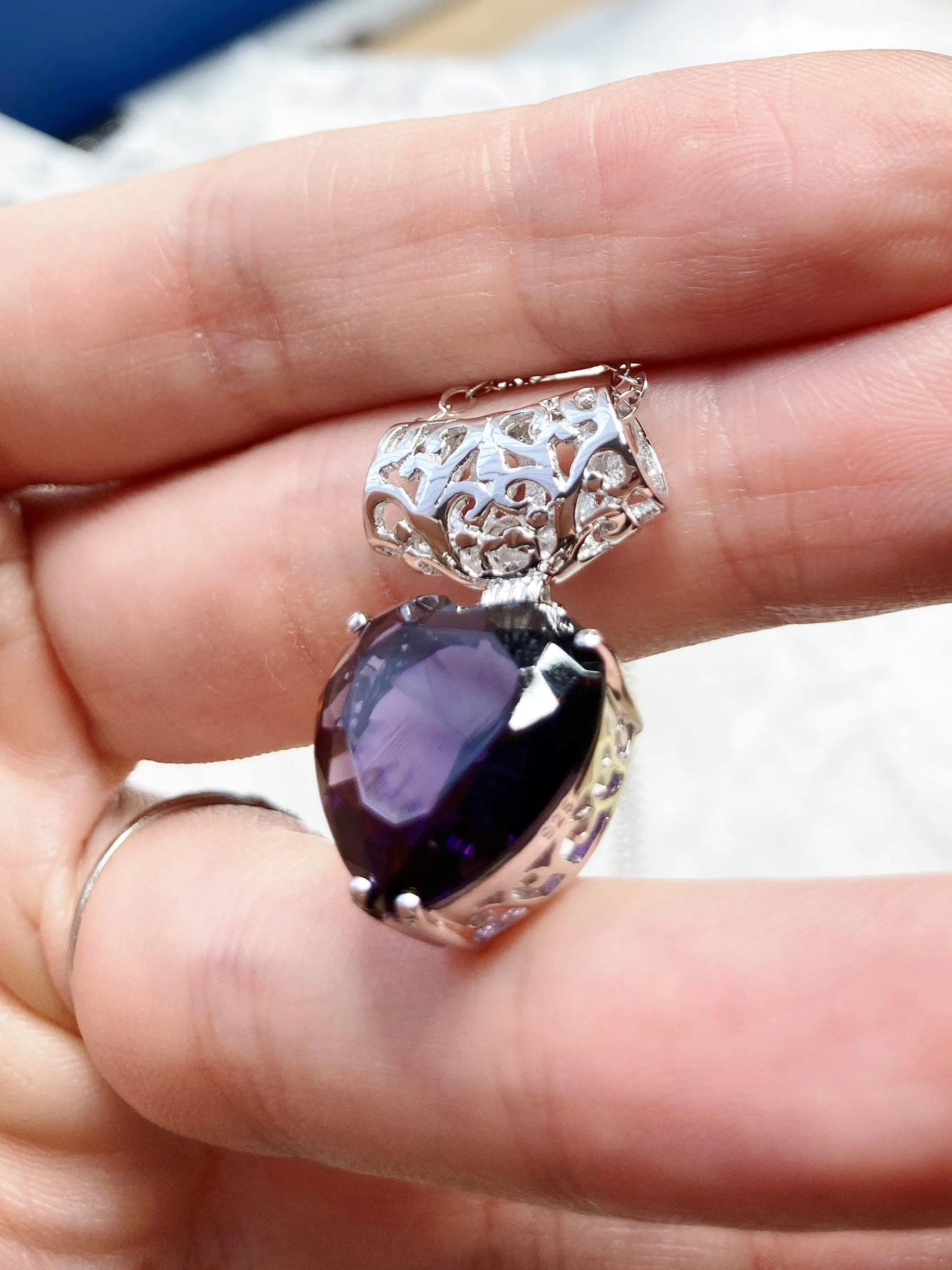 Amethyst Pendant, Heart Art Nouveau Necklace #P38