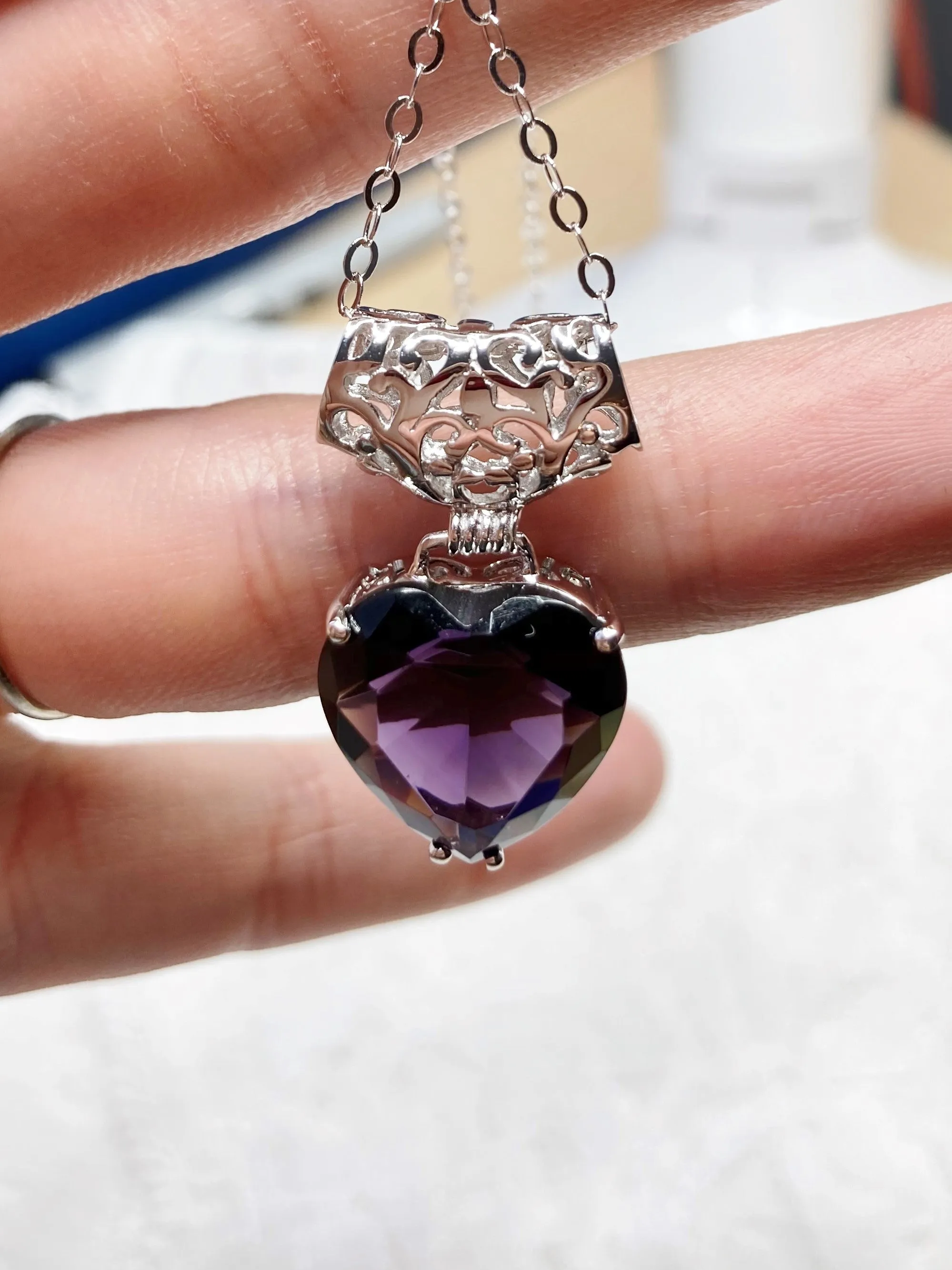 Amethyst Pendant, Heart Art Nouveau Necklace #P38