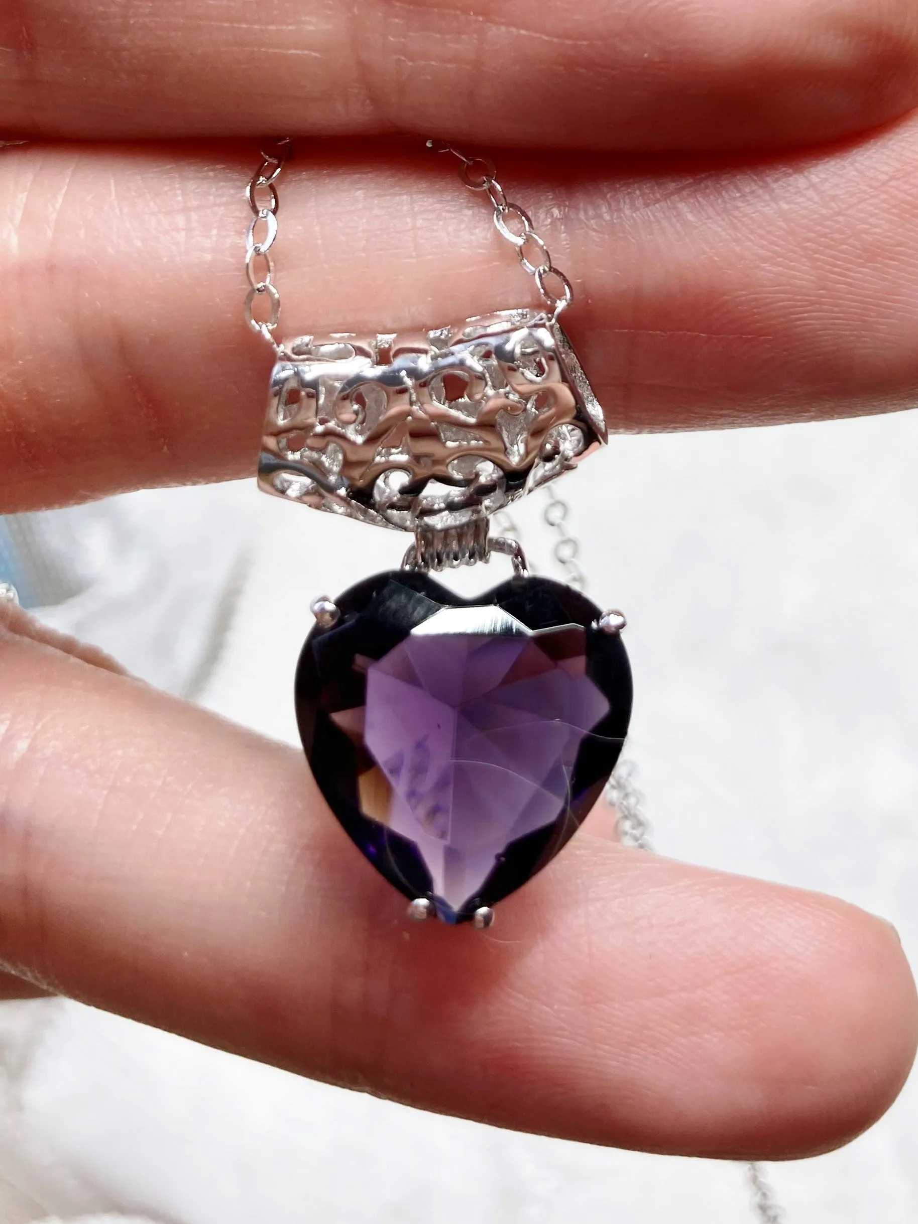 Amethyst Pendant, Heart Art Nouveau Necklace #P38