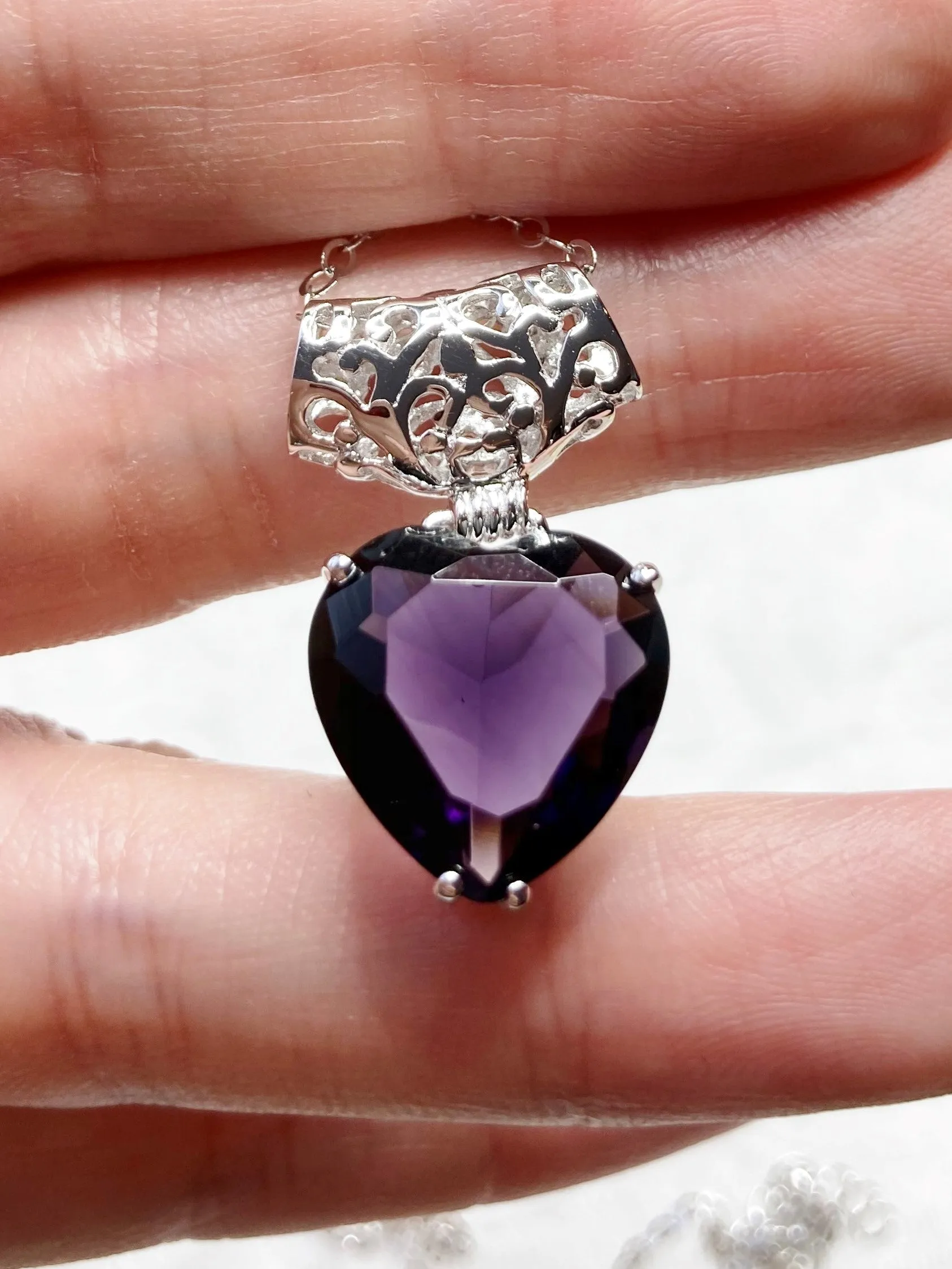 Amethyst Pendant, Heart Art Nouveau Necklace #P38