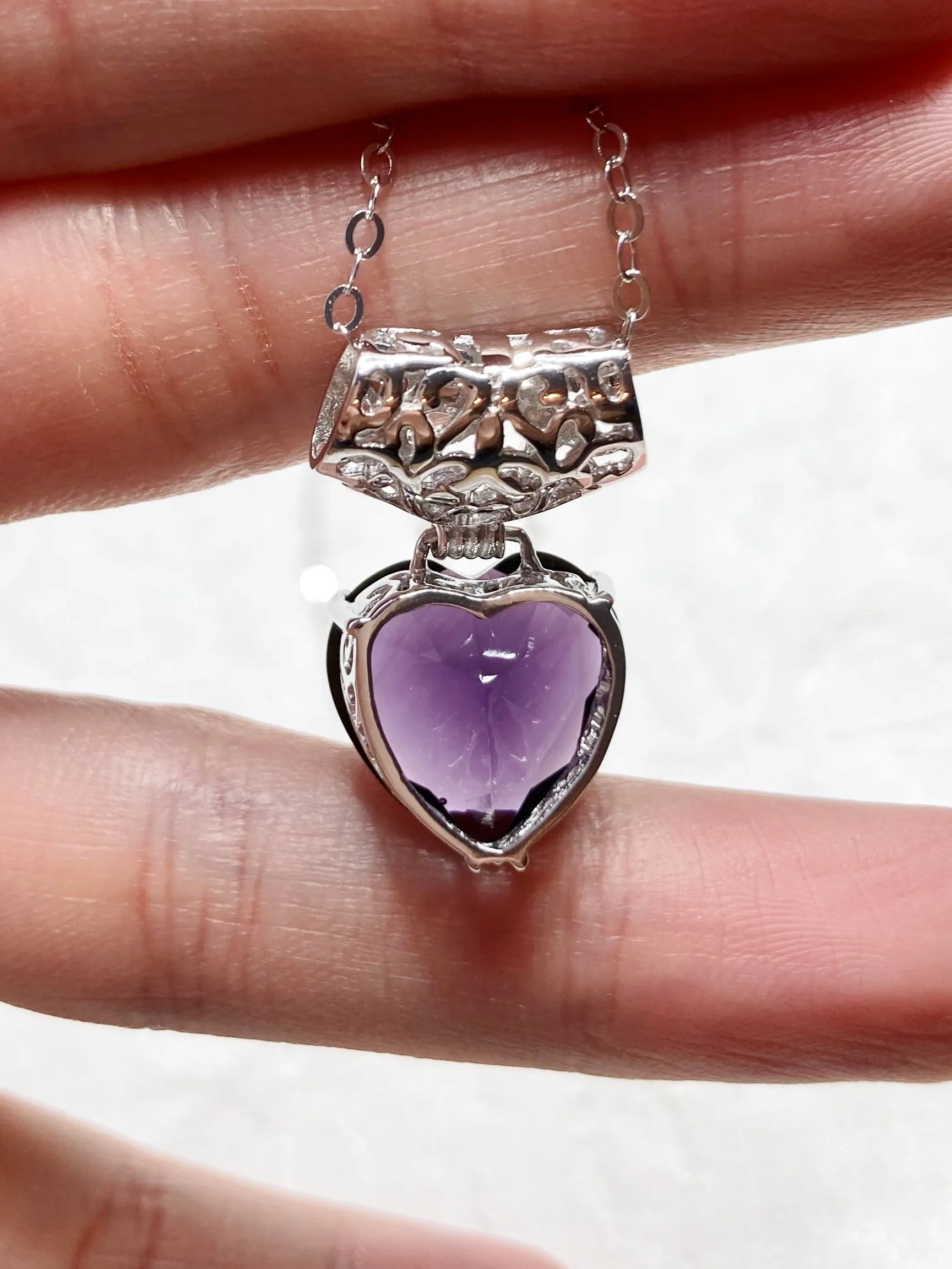 Amethyst Pendant, Heart Art Nouveau Necklace #P38