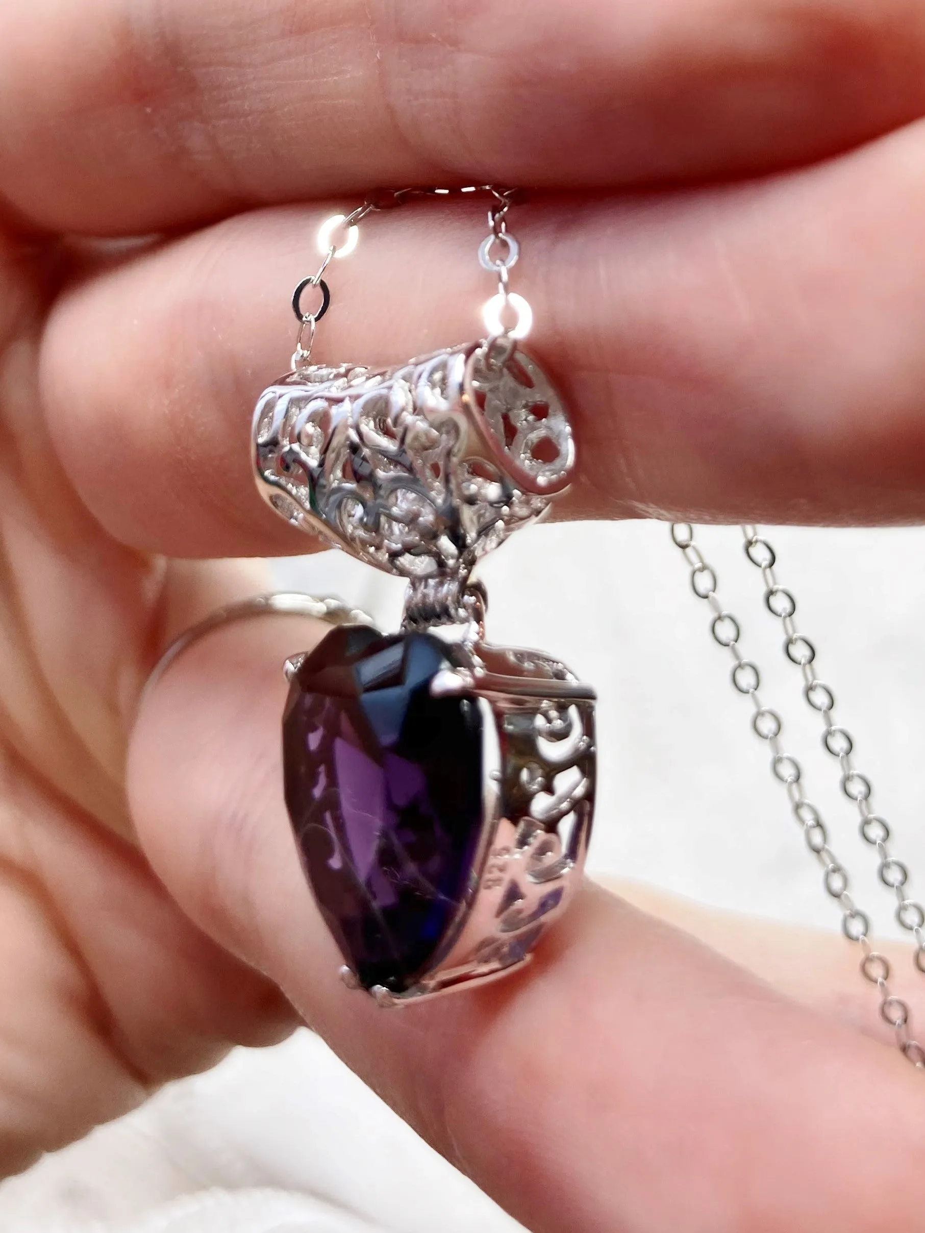 Amethyst Pendant, Heart Art Nouveau Necklace #P38
