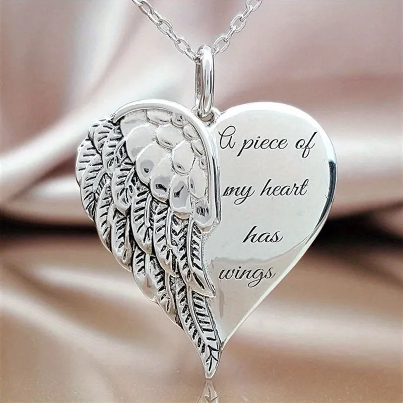 Angel Wings Heart Pendant Necklace Silver Tone Elegant Love Jewelry