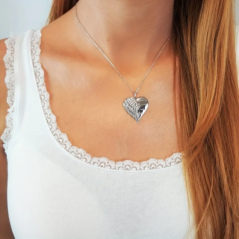 Angel Wings Heart Pendant Necklace Silver Tone Elegant Love Jewelry
