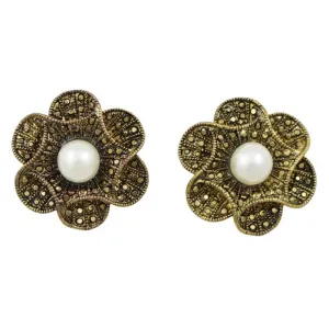 Antique Gold-tone Flower with White Pearl Pierced Earring - PRE502