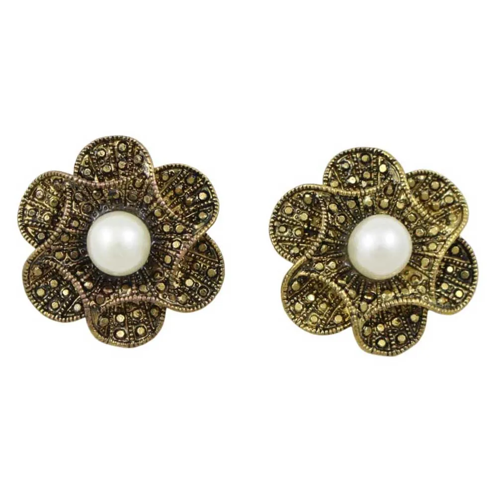 Antique Gold-tone Flower with White Pearl Pierced Earring - PRE502