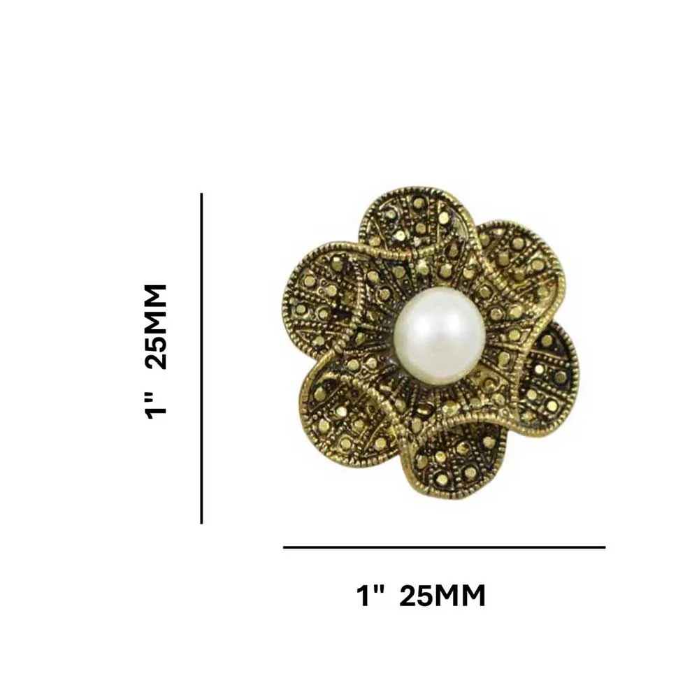 Antique Gold-tone Flower with White Pearl Pierced Earring - PRE502