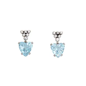 Aquamarine Heart Diamond Earrings Vintage 18k White Gold Drops Fine Jewelry