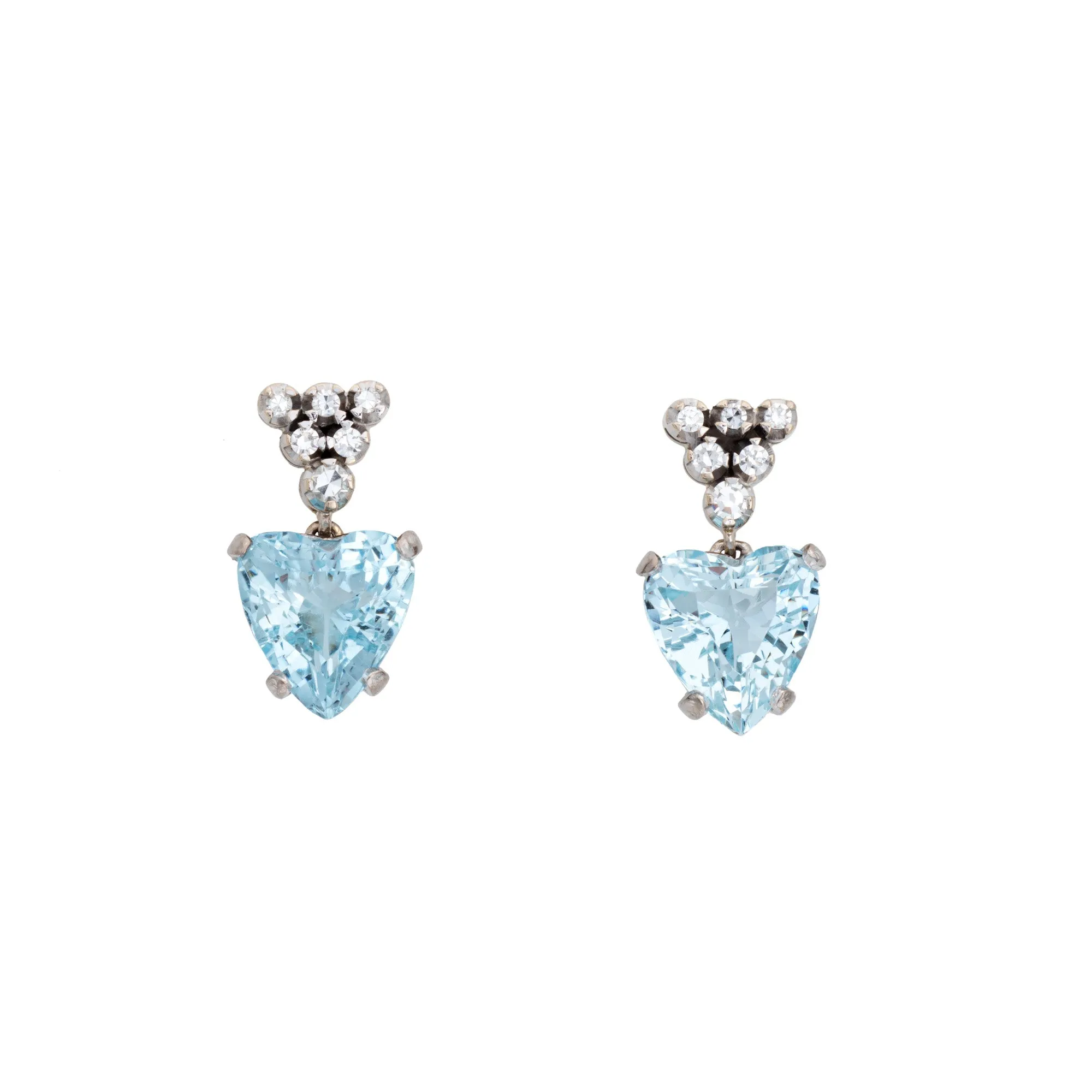 Aquamarine Heart Diamond Earrings Vintage 18k White Gold Drops Fine Jewelry