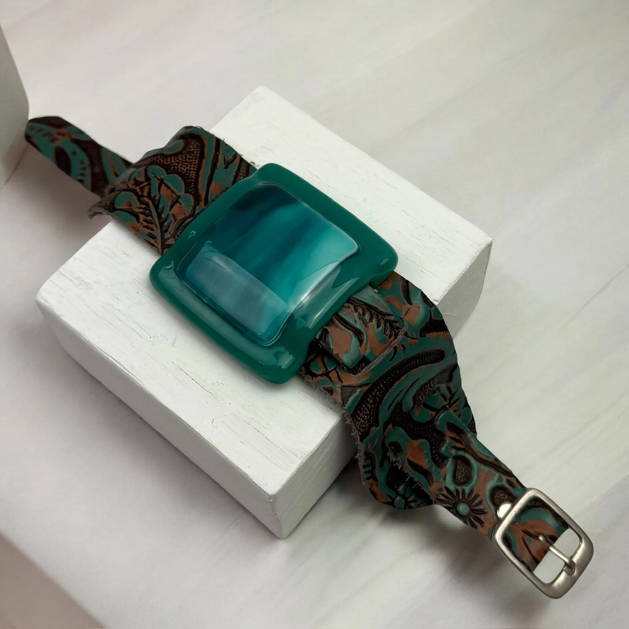Artistic Fused Glass Leather Buckle Bracelet