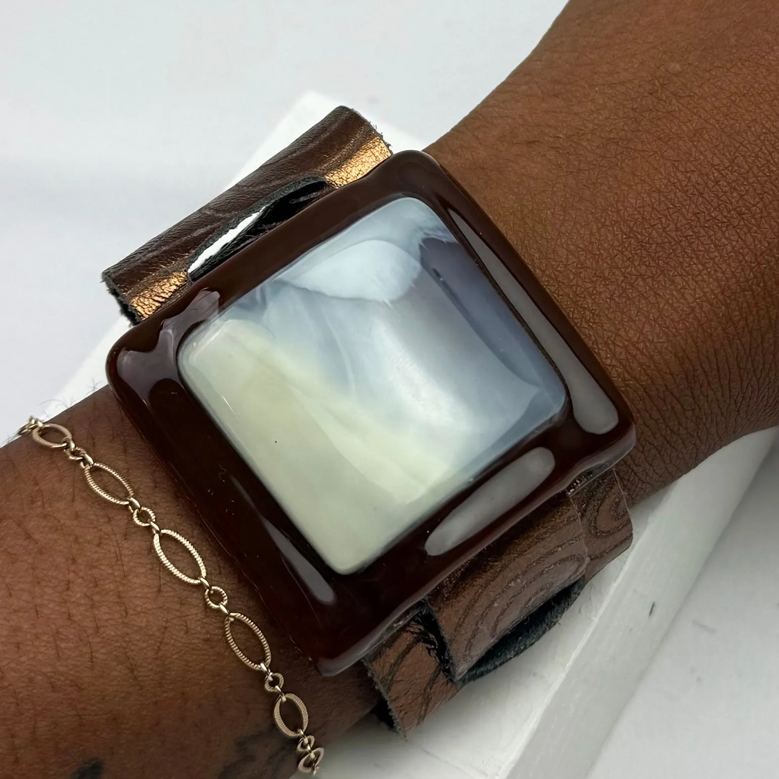 Artistic Fused Glass Leather Buckle Bracelet