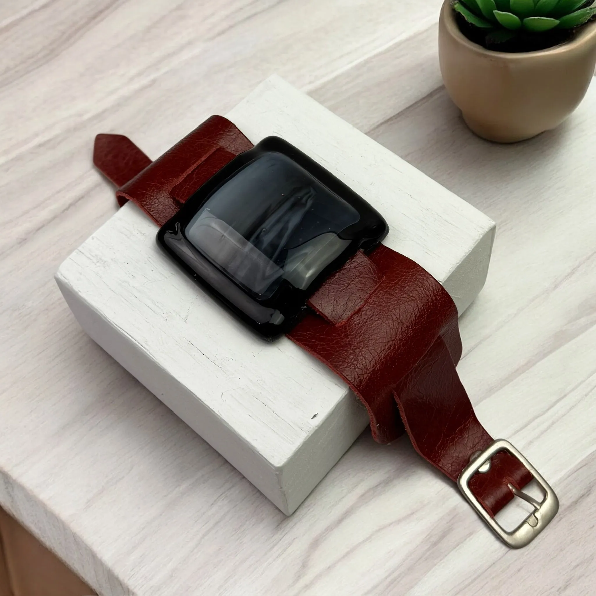 Artistic Fused Glass Leather Buckle Bracelet