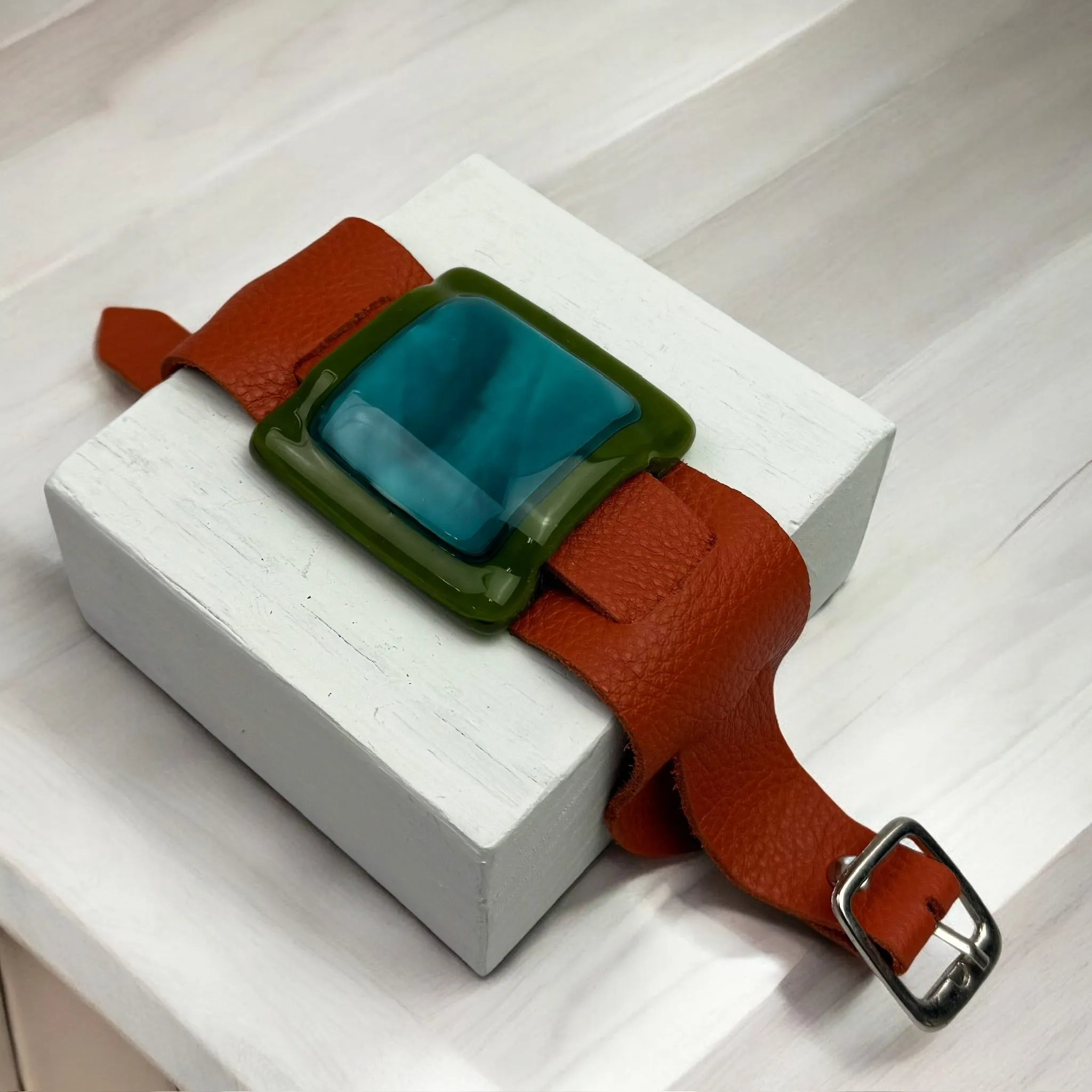 Artistic Fused Glass Leather Buckle Bracelet
