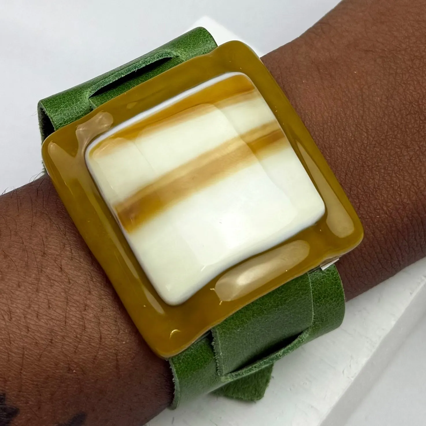 Artistic Fused Glass Leather Buckle Bracelet