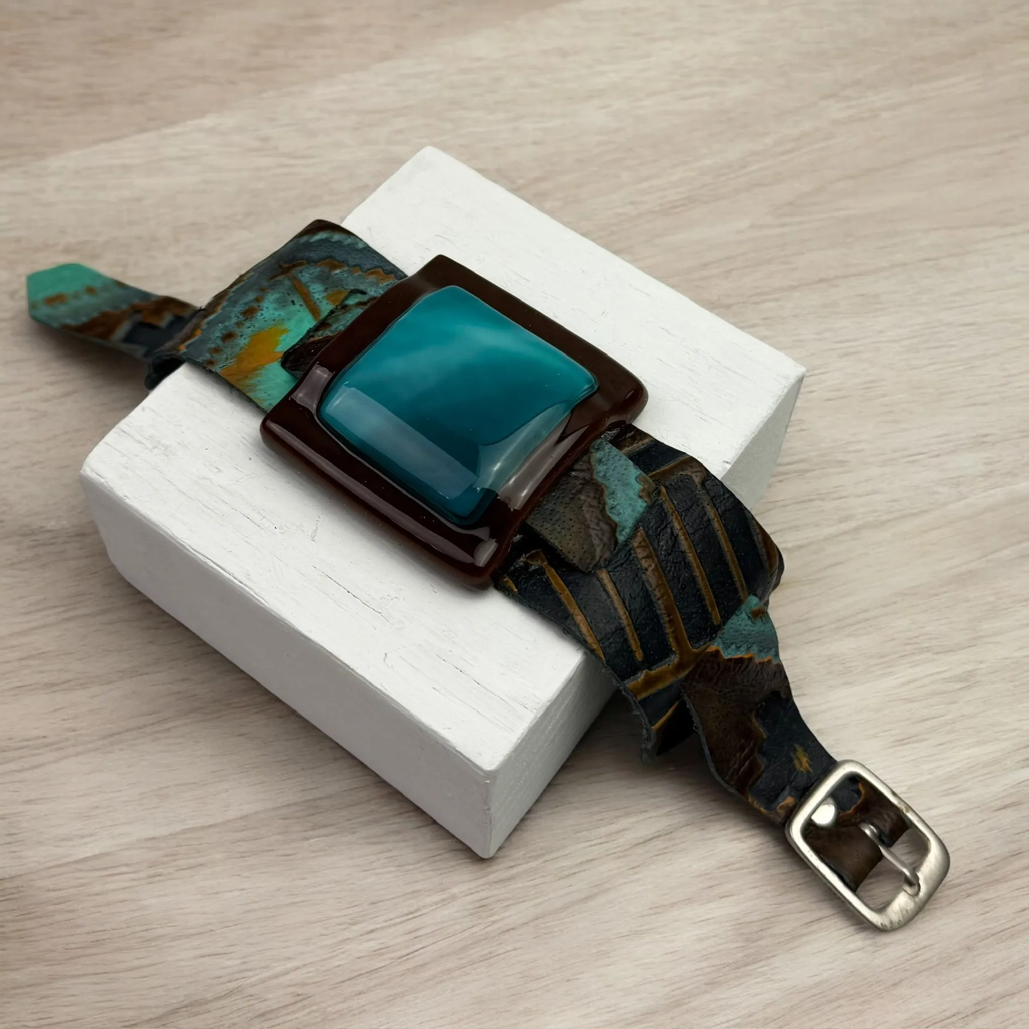 Artistic Fused Glass Leather Buckle Bracelet