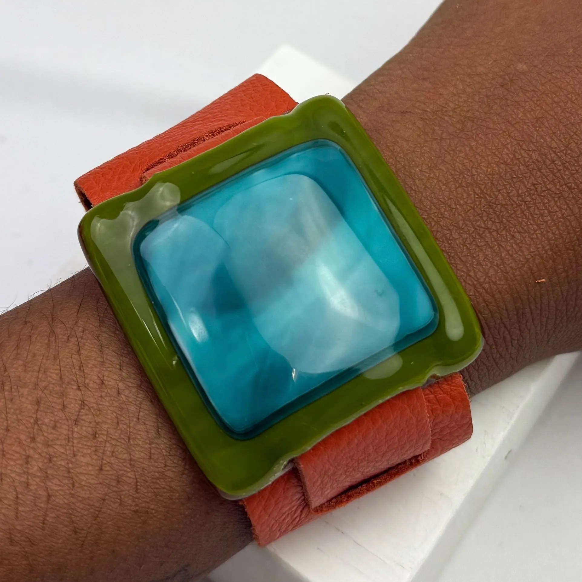 Artistic Fused Glass Leather Buckle Bracelet