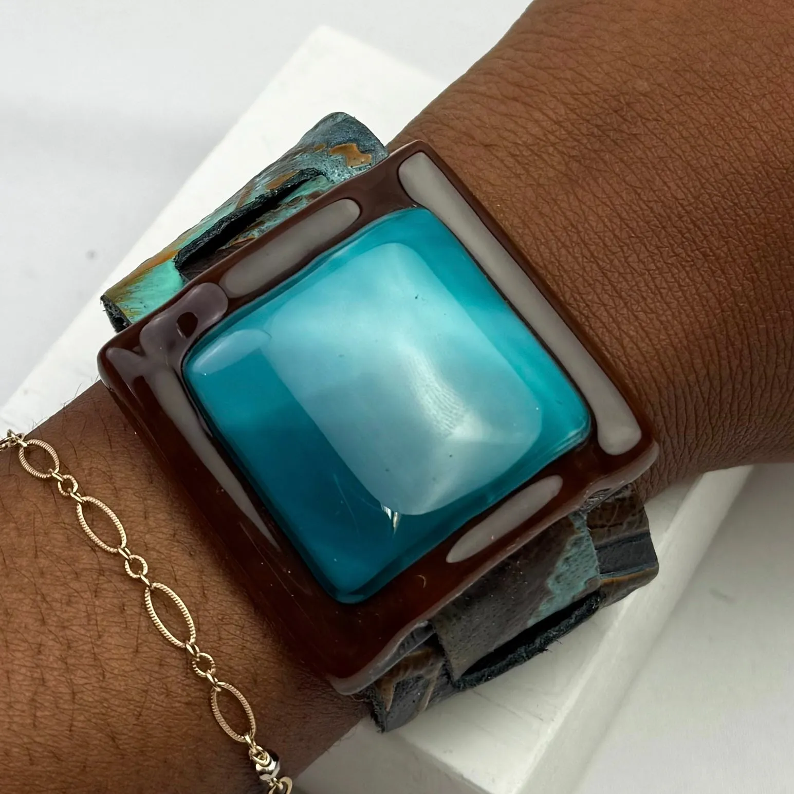 Artistic Fused Glass Leather Buckle Bracelet