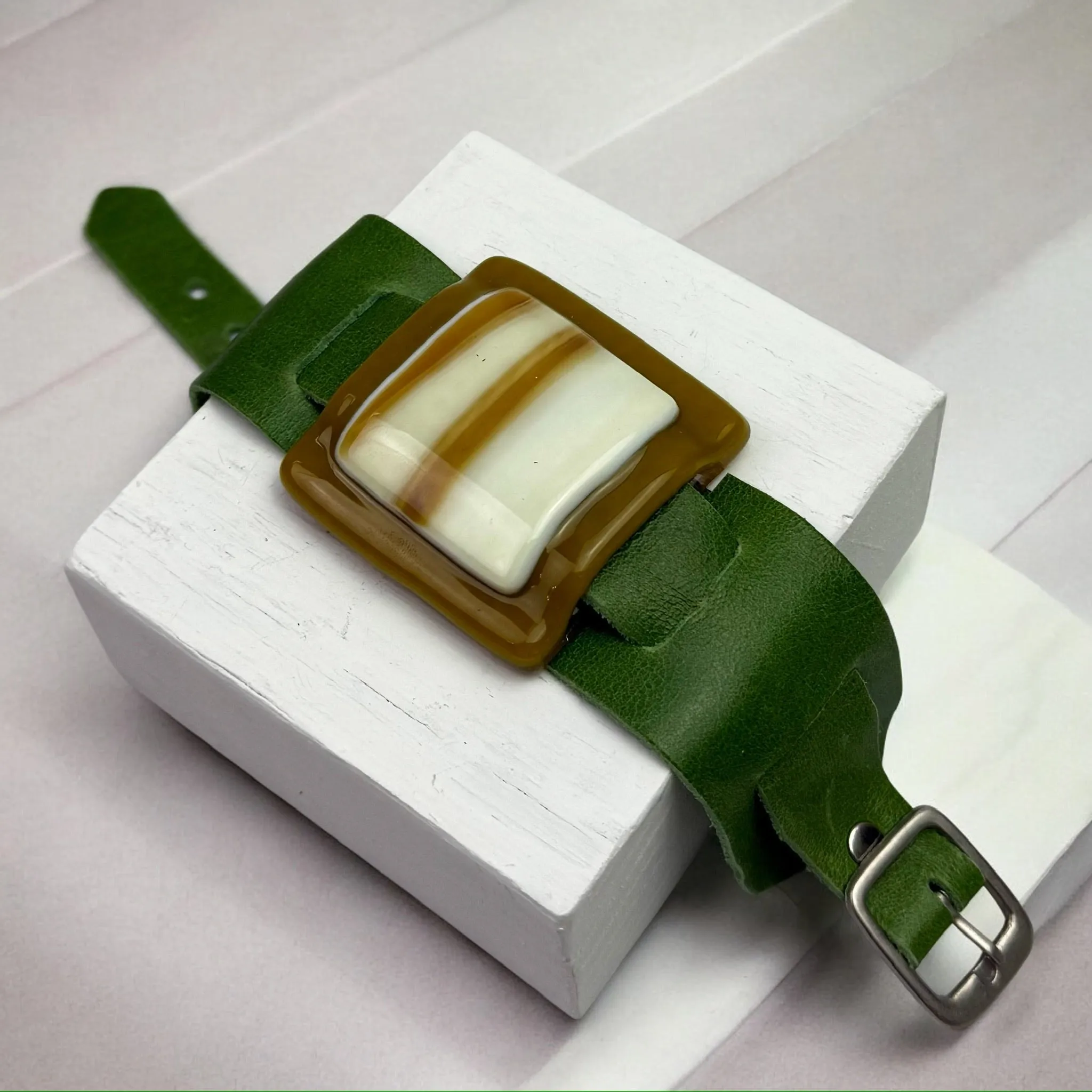 Artistic Fused Glass Leather Buckle Bracelet