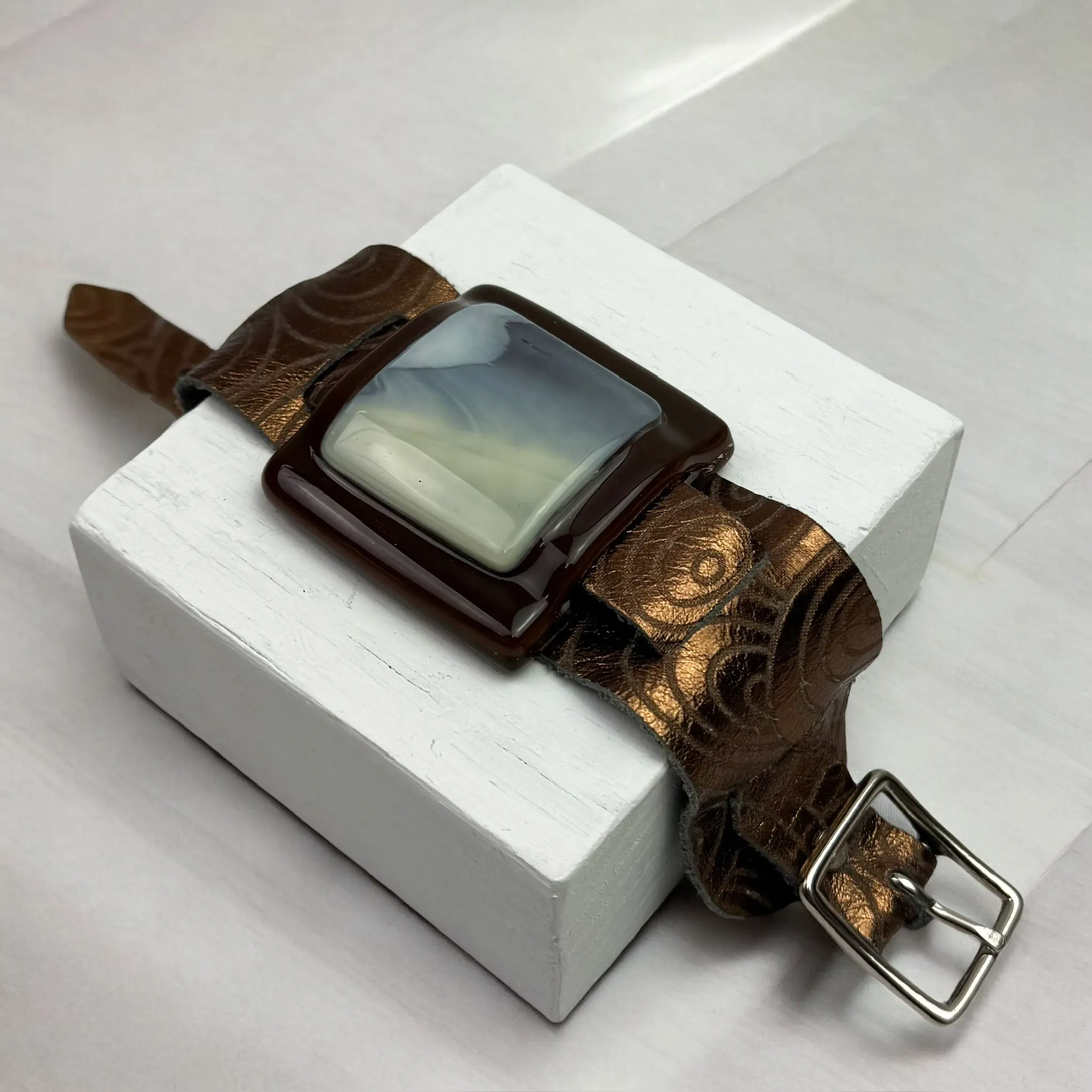 Artistic Fused Glass Leather Buckle Bracelet