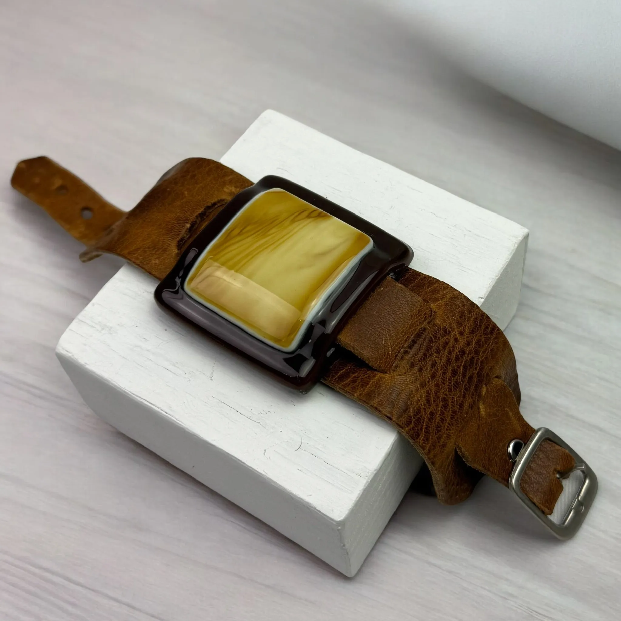 Artistic Fused Glass Leather Buckle Bracelet