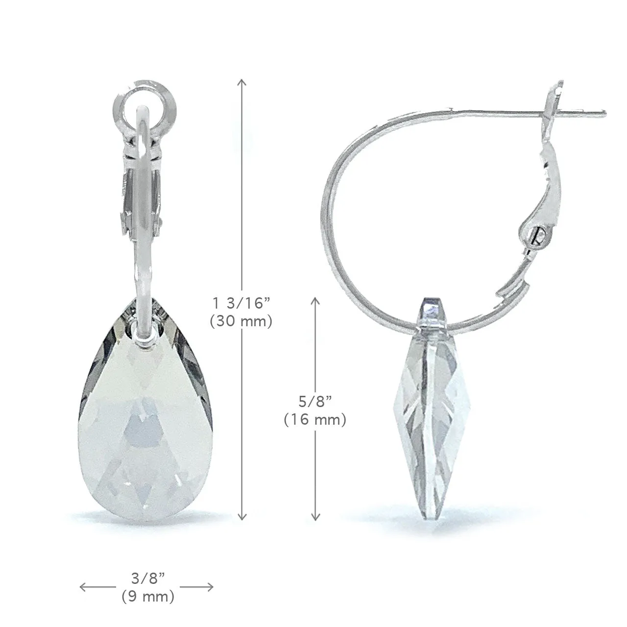 Aurora Small Drop Earrings with Grey Silver Shade Pear Crystals from Swarovski Silver Toned Rhodium Plated