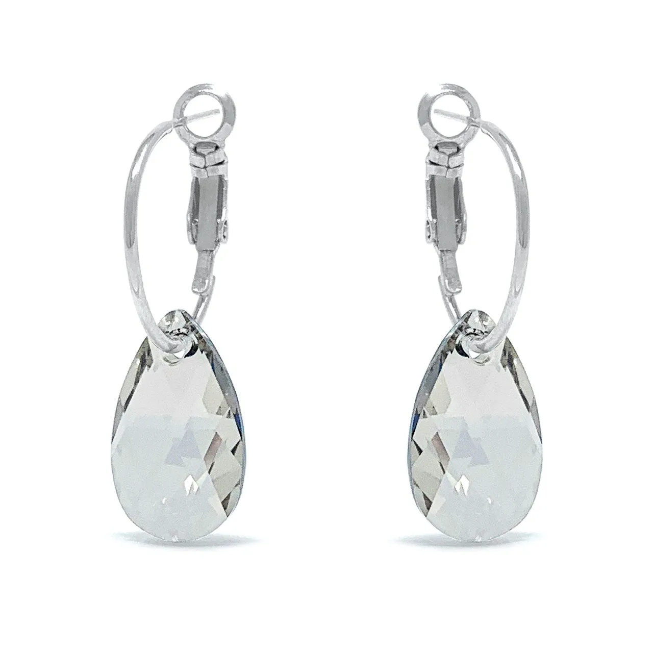 Aurora Small Drop Earrings with Grey Silver Shade Pear Crystals from Swarovski Silver Toned Rhodium Plated