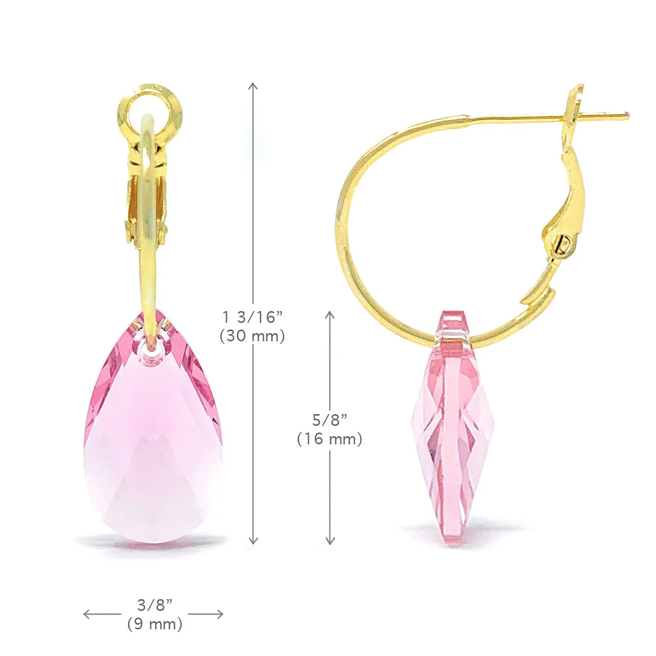 Aurora Small Drop Earrings with Pink Light Rose Pear Crystals from Swarovski Gold Plated