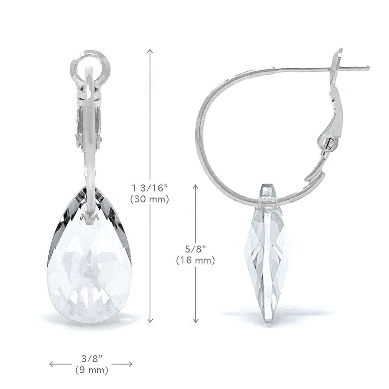 Aurora Small Drop Earrings with White Clear Pear Crystals from Swarovski Silver Toned Rhodium Plated